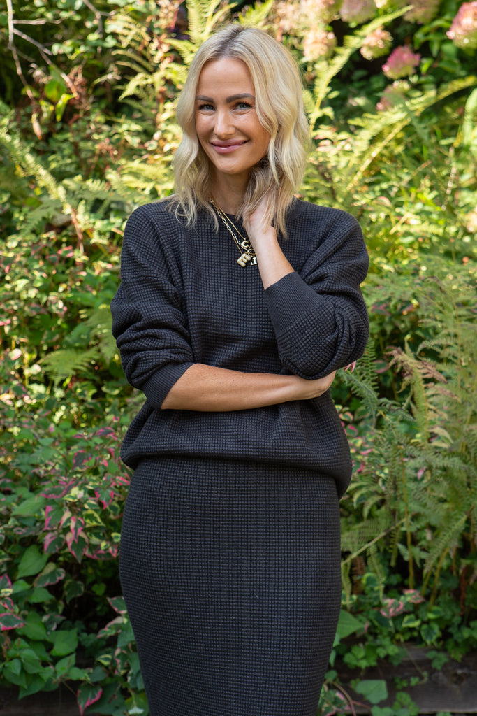 Waffle Sweater & Skirt Set - Heather Charcoal