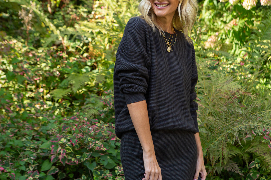 Waffle Sweater & Skirt Set - Heather Charcoal