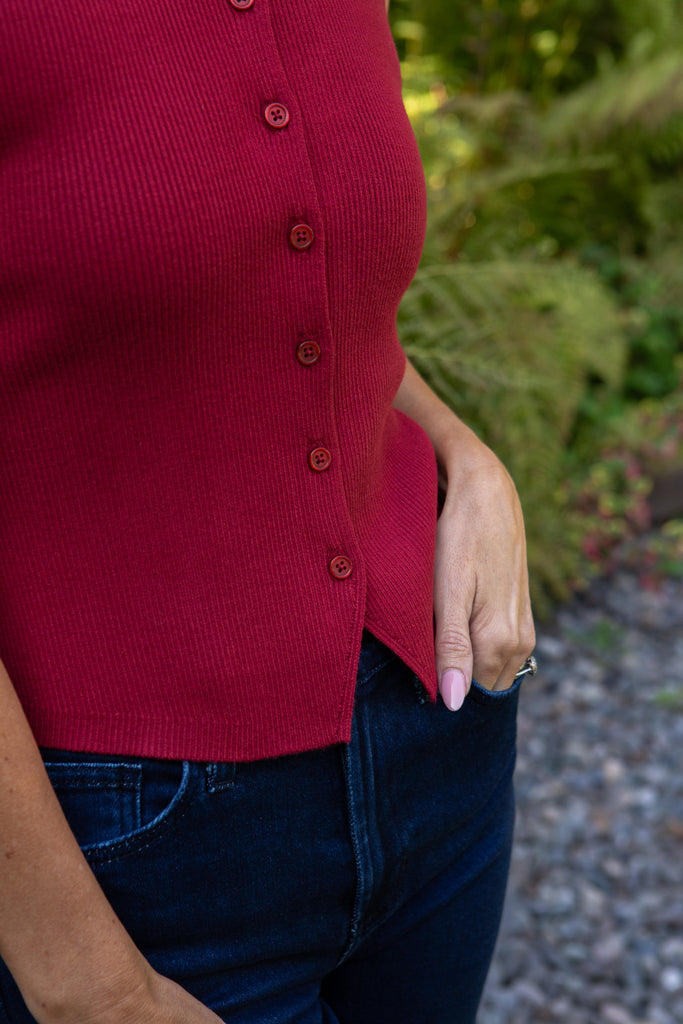 Button Up Knit Vest - Wine
