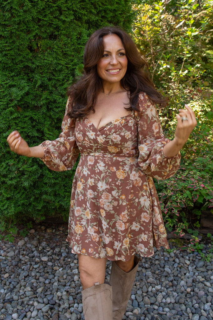 Fall Floral Short Dress - Brown