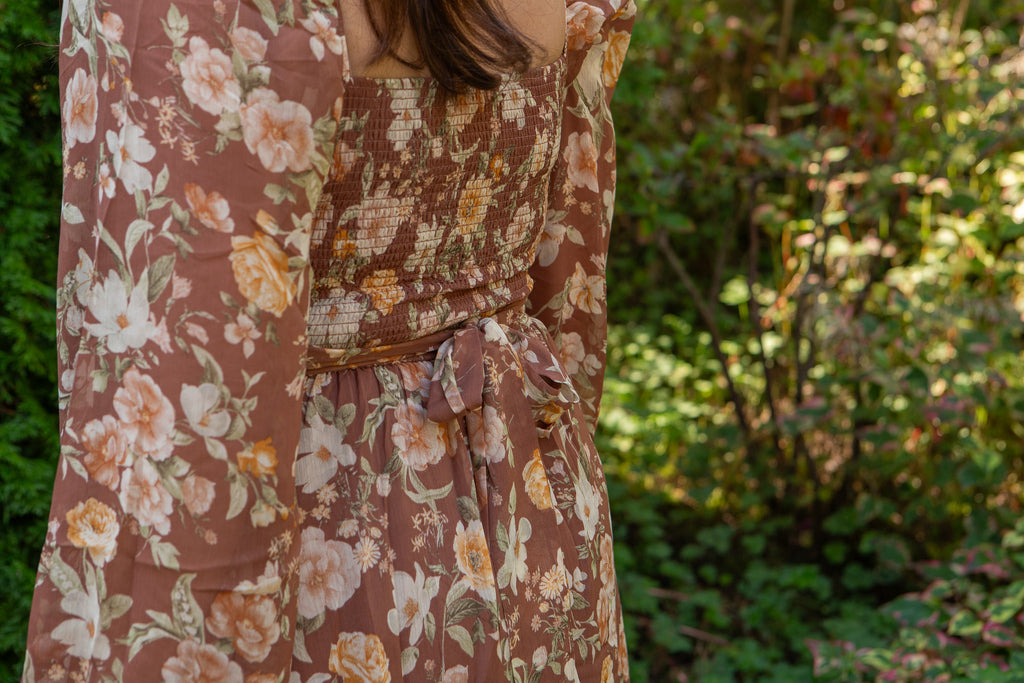 Fall Floral Short Dress - Brown