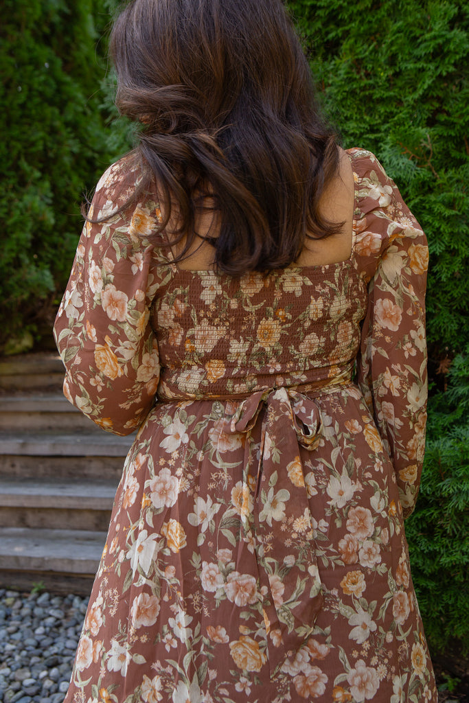 Fall Floral Short Dress - Brown