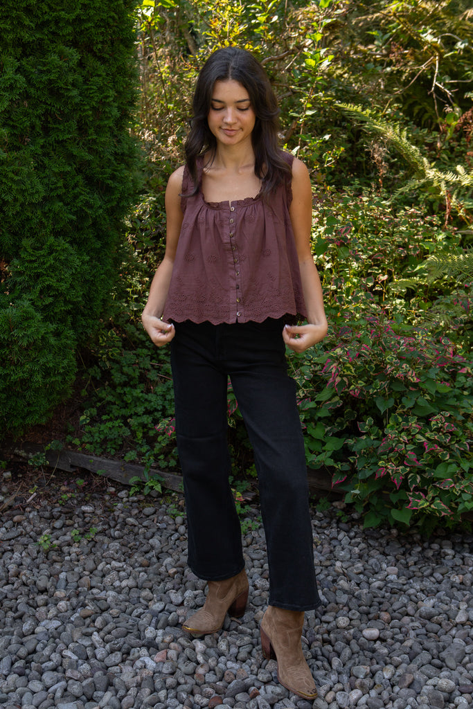 Eyelet Lace Trim Tank - Chocolate