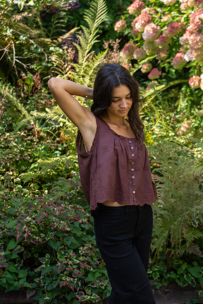 Eyelet Lace Trim Tank - Chocolate