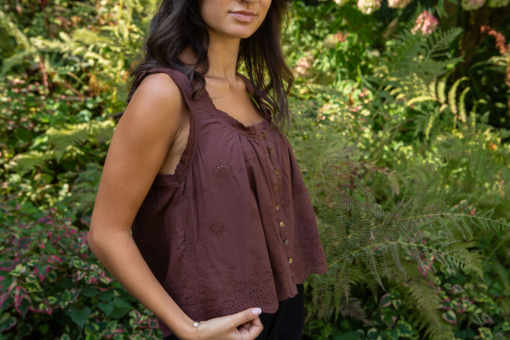 Eyelet Lace Trim Tank - Chocolate