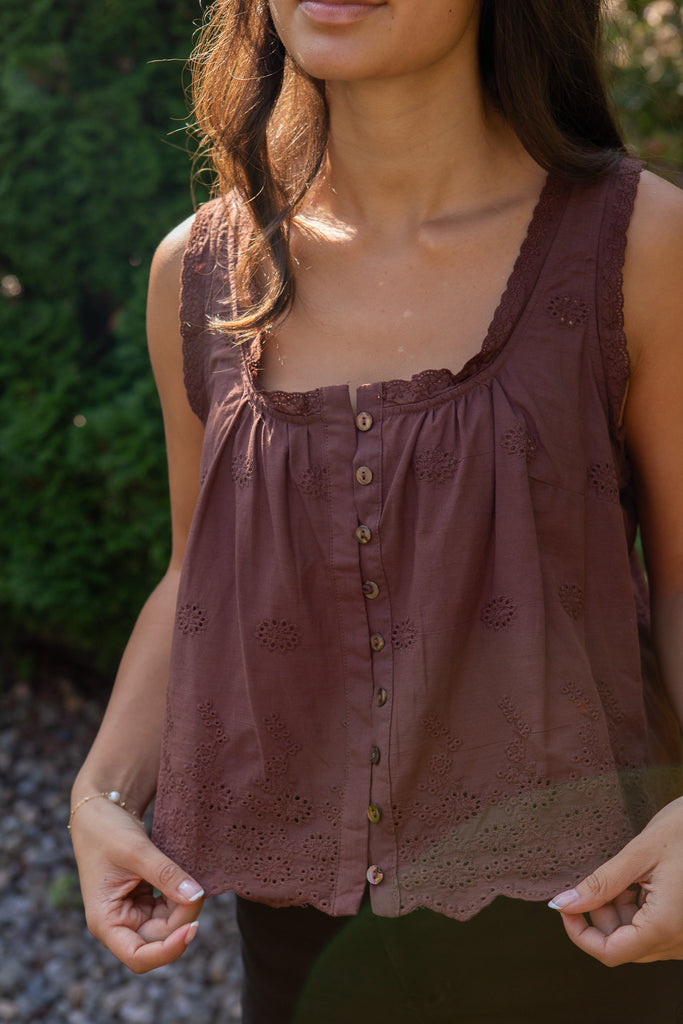 Eyelet Lace Trim Tank - Chocolate