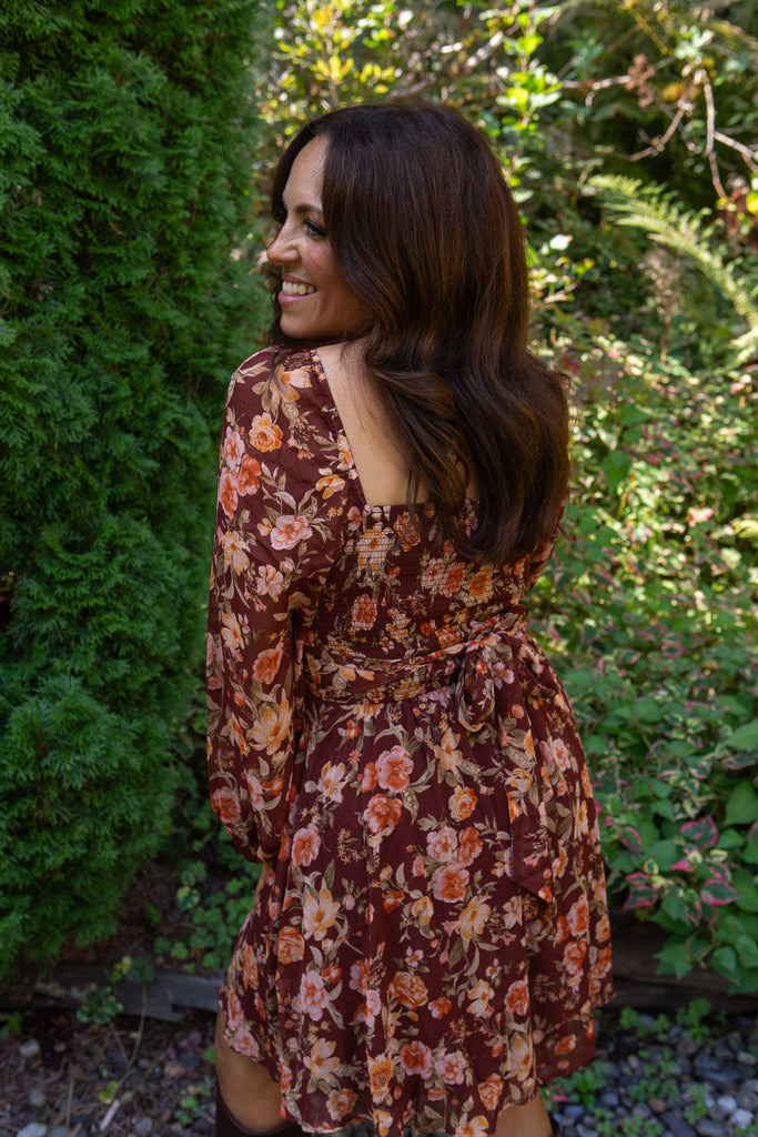 Fall Floral Short Dress - Burgundy