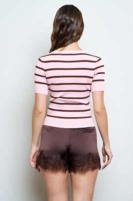 Striped 3/4 Sleeve Button Up - Pink