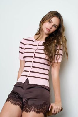 Striped 3/4 Sleeve Button Up - Pink