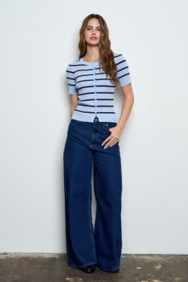 Striped 3/4 Sleeve Button Up - Dusty Blue