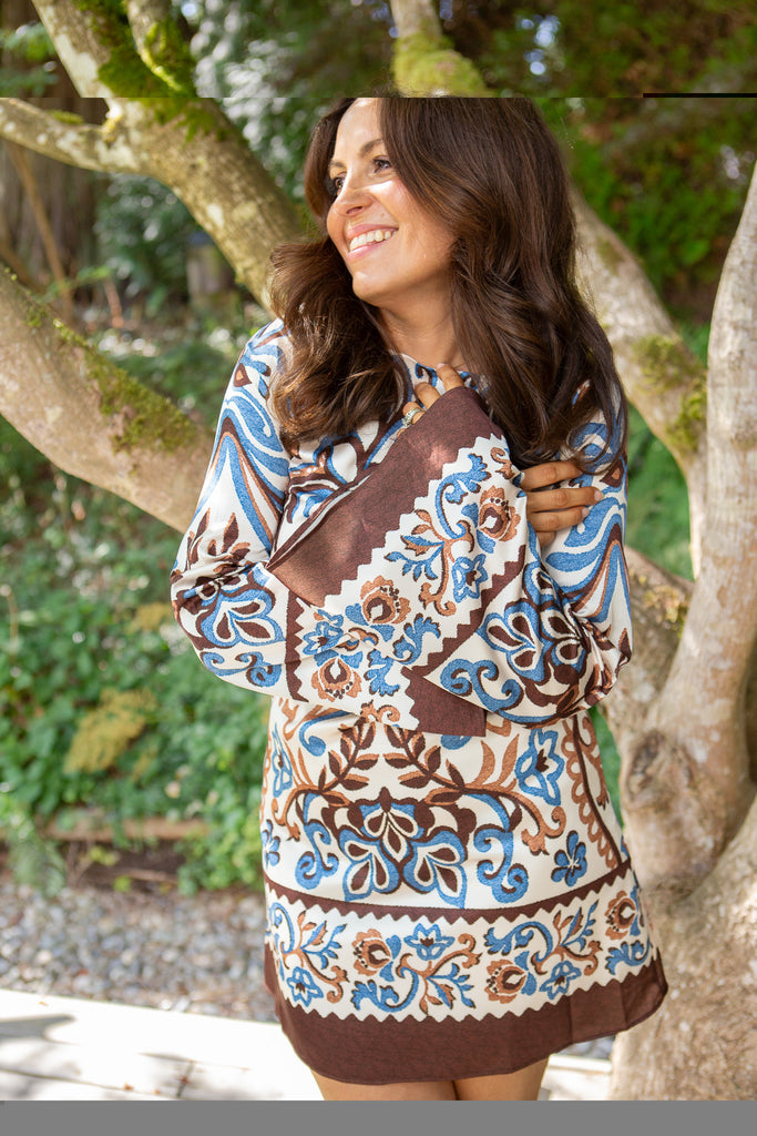 Border Print Shirt Dress - Brown/Blue