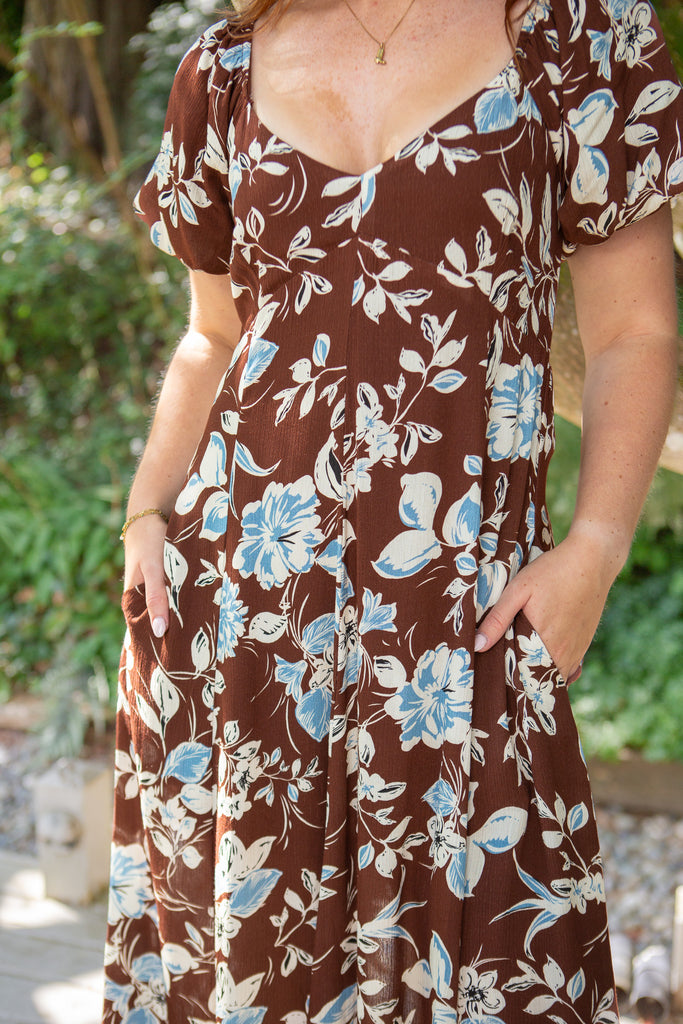 Floral Puff Sleeve Midi Dress - Chocolate