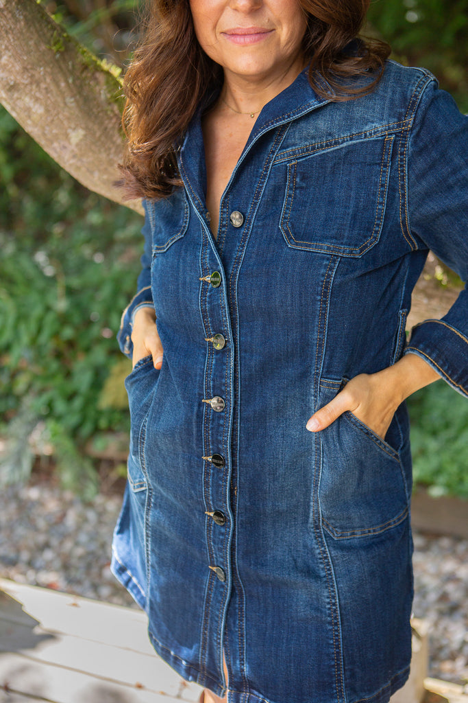 Stretchy Button Up Denim Dress With Belt