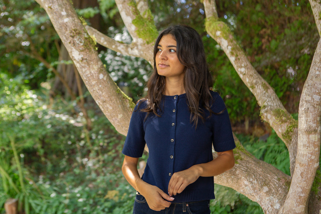 Short Sleeve Knit Cardigan - Navy