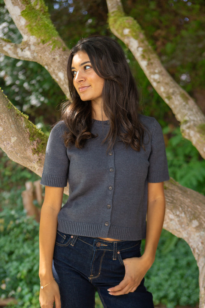 Short Sleeve Knit Cardigan - Grey