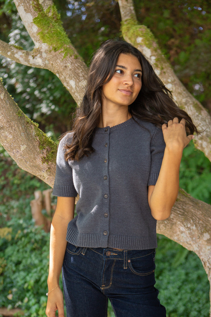 Short Sleeve Knit Cardigan - Grey