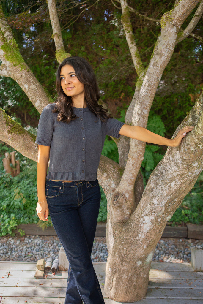 Short Sleeve Knit Cardigan - Grey