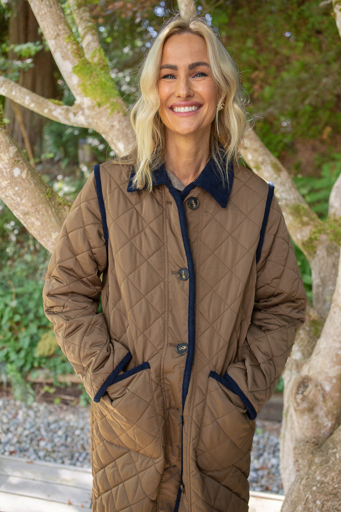 Quilted Long Coat - Cognac