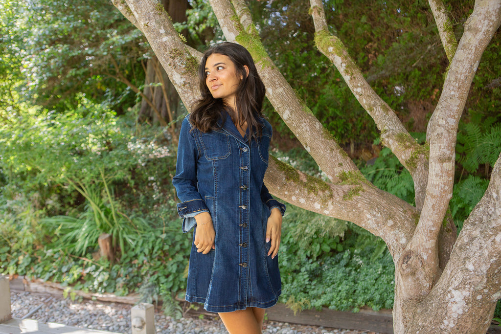 Stretchy Button Up Denim Dress With Belt