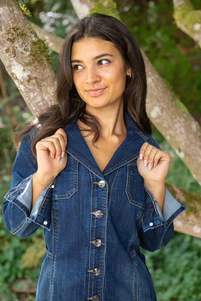 Stretchy Button Up Denim Dress With Belt