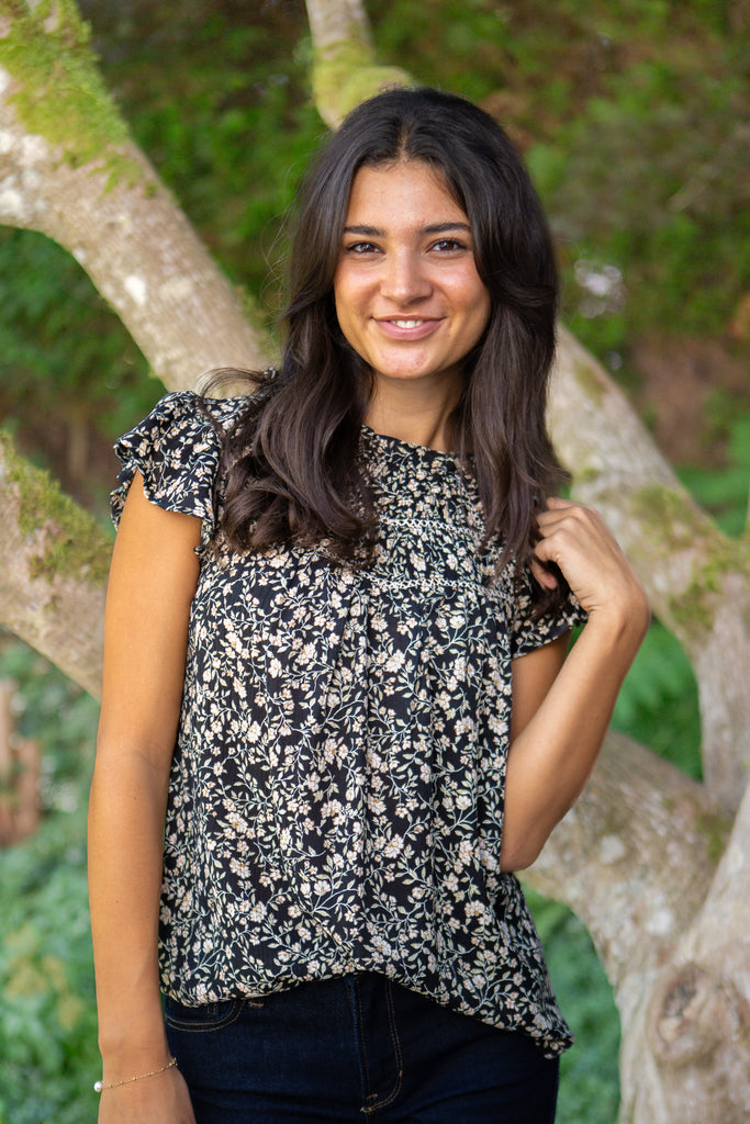 Short Ruffle Sleeve Blouse - Floral Black