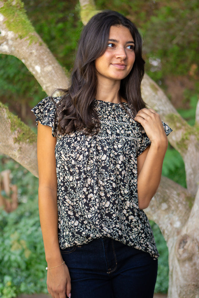 Short Ruffle Sleeve Blouse - Floral Black
