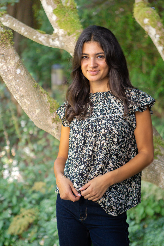 Short Ruffle Sleeve Blouse - Floral Black