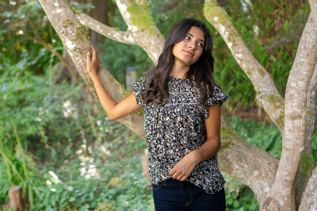 Short Ruffle Sleeve Blouse - Floral Black