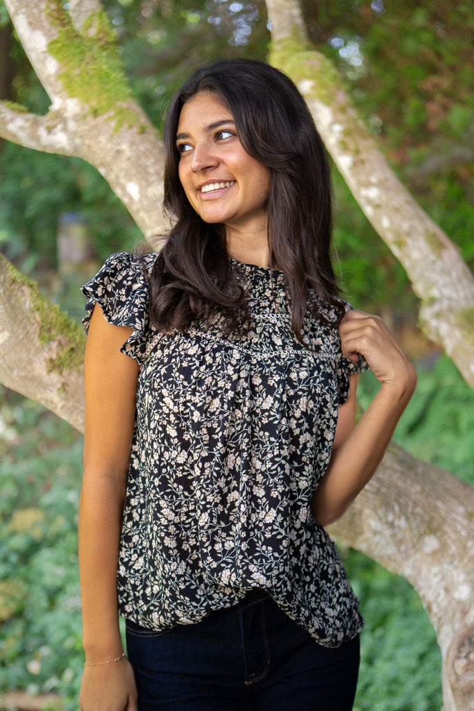 Short Ruffle Sleeve Blouse - Floral Black