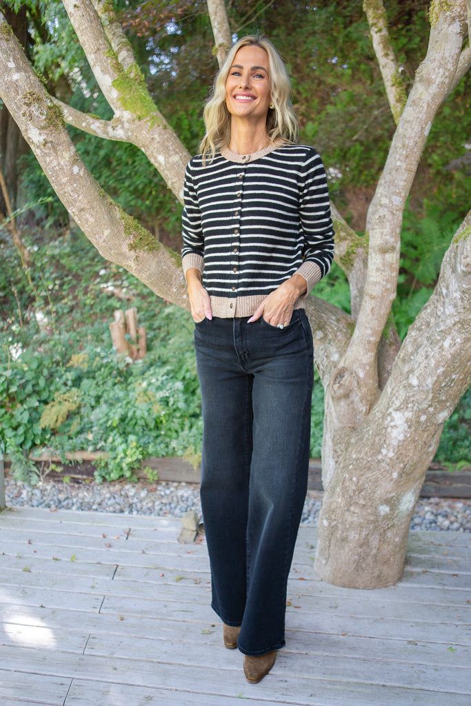 Striped B&W Cardigan With Mocha Trim
