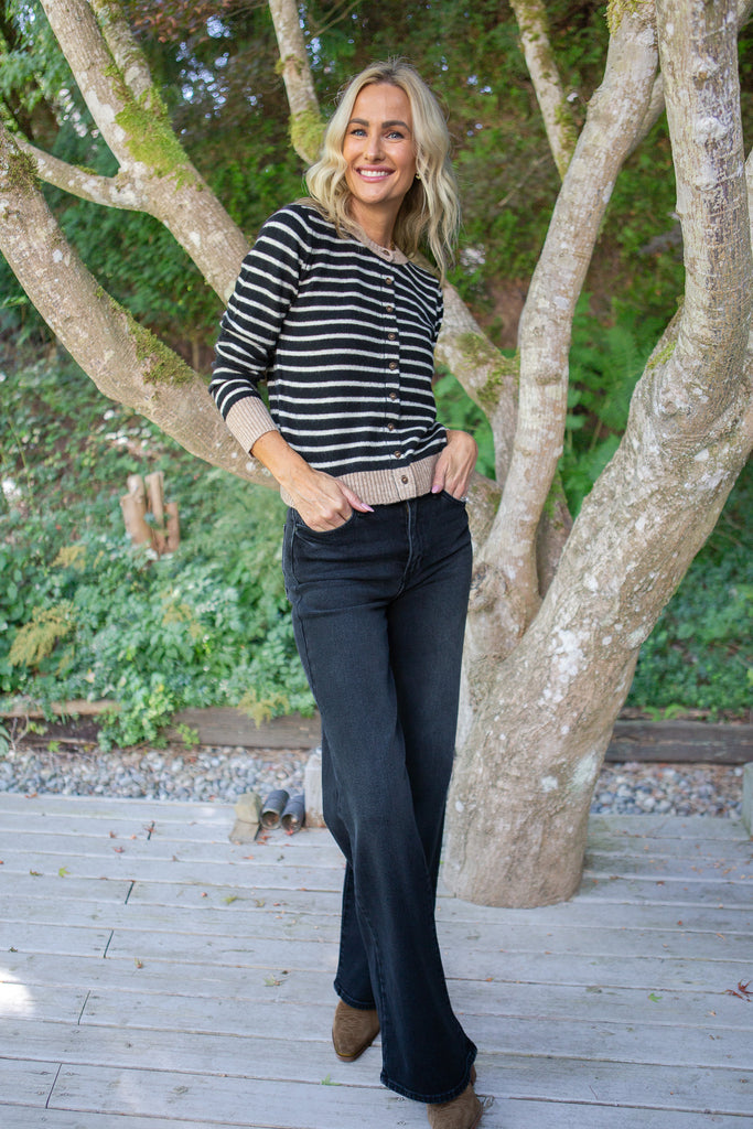 Striped B&W Cardigan With Mocha Trim
