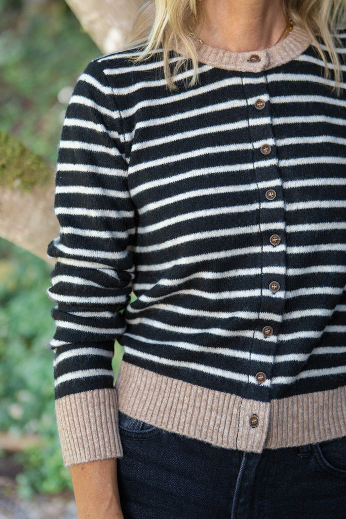 Striped B&W Cardigan With Mocha Trim