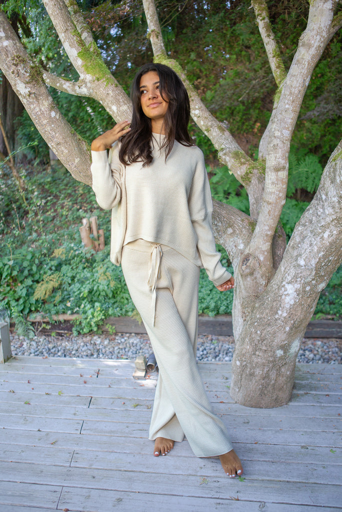 Waffle Textured Sweater & Pant Set - Oat