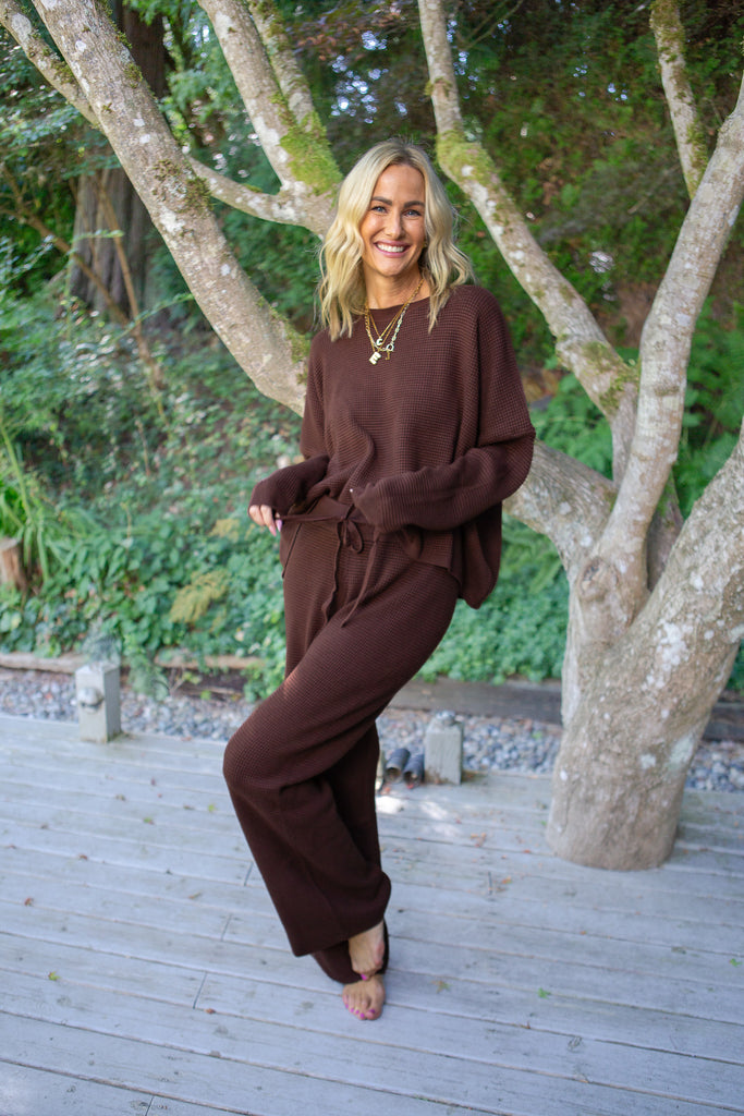 Waffle Textured Sweater & Pant Set - Cacao