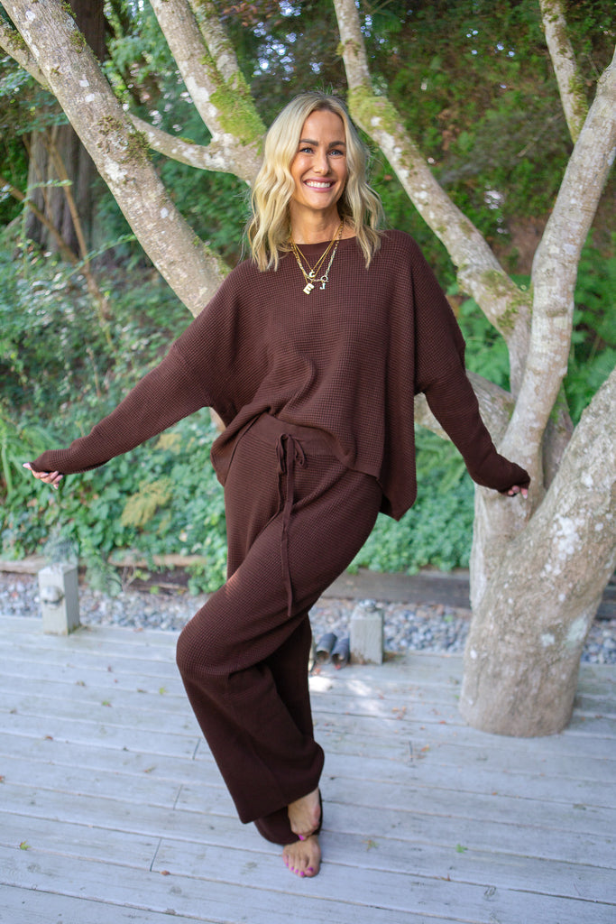 Waffle Textured Sweater & Pant Set - Cacao