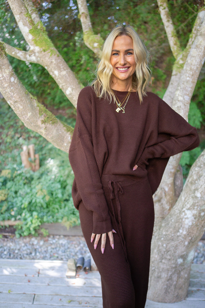 Waffle Textured Sweater & Pant Set - Cacao