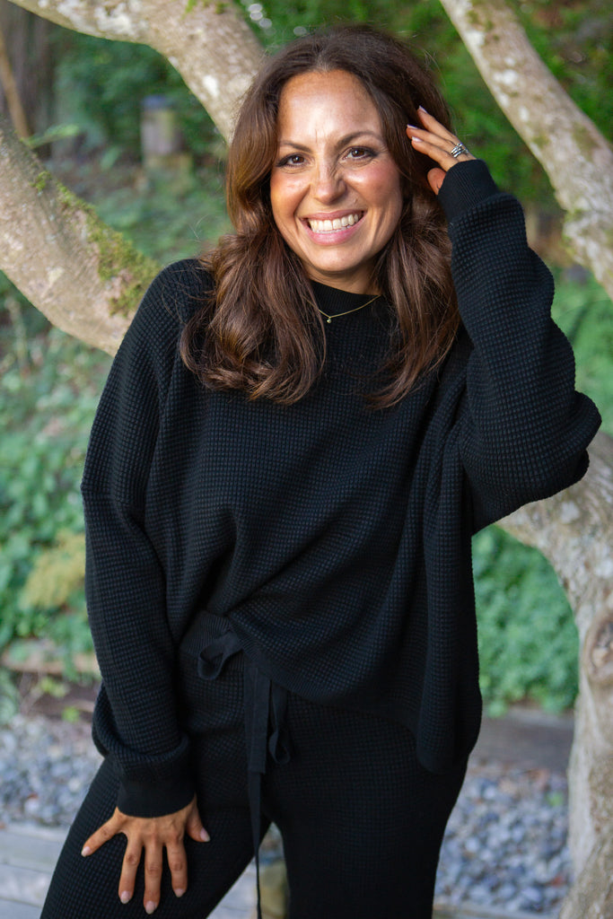 Waffle Textured Sweater & Pant Set - Black