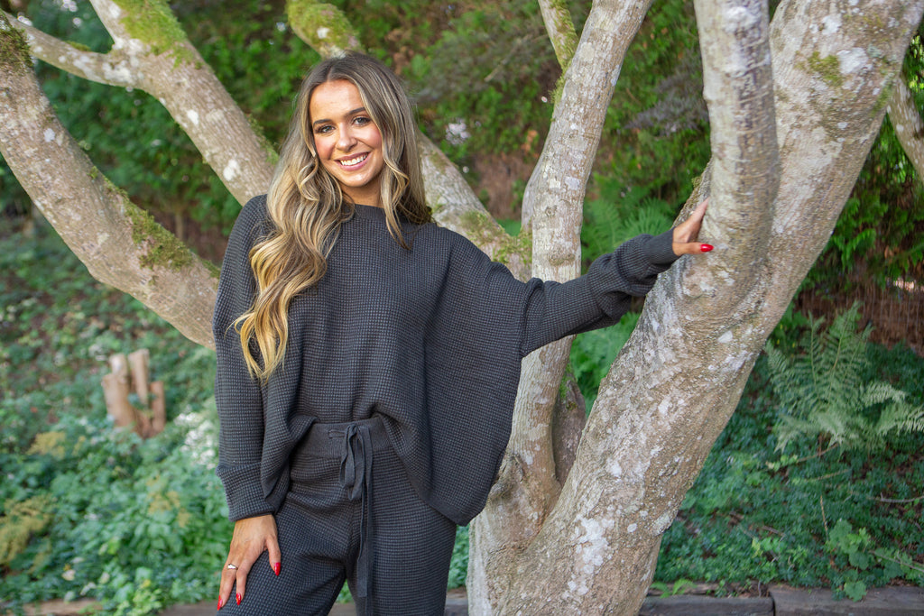 Waffle Textured Sweater & Pant Set - Charcoal