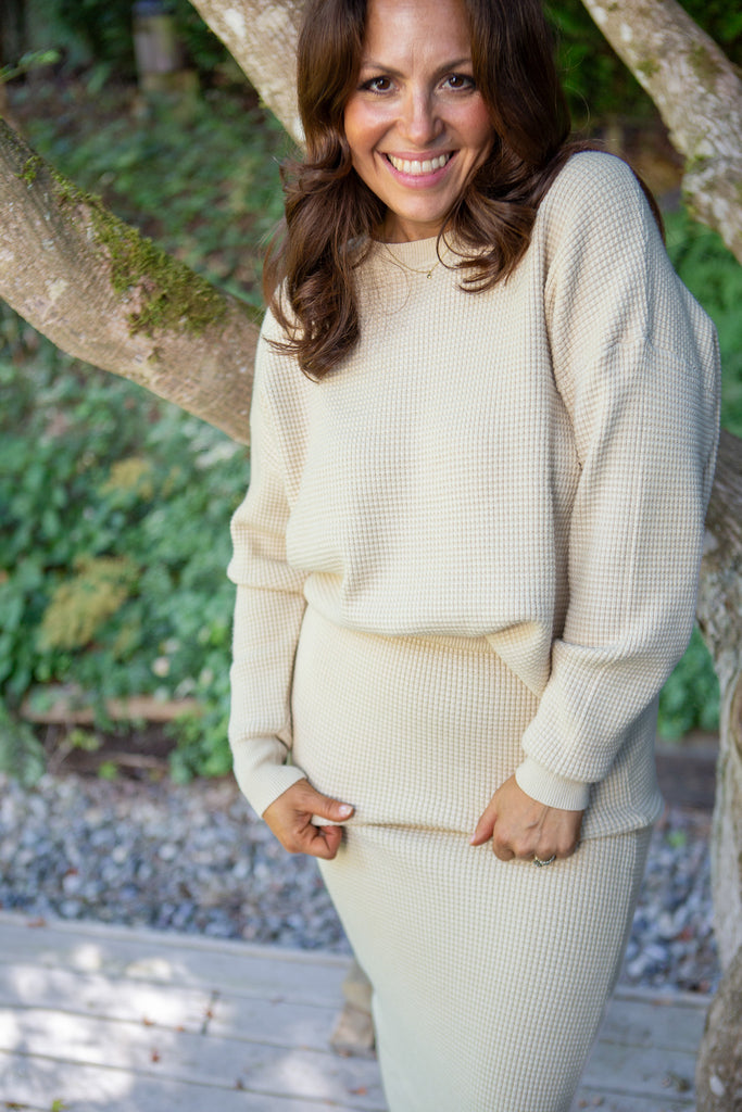 Waffle Sweater & Skirt Set - Oat