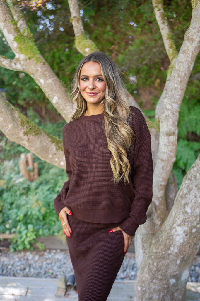 Waffle Sweater & Skirt Set - Cacao