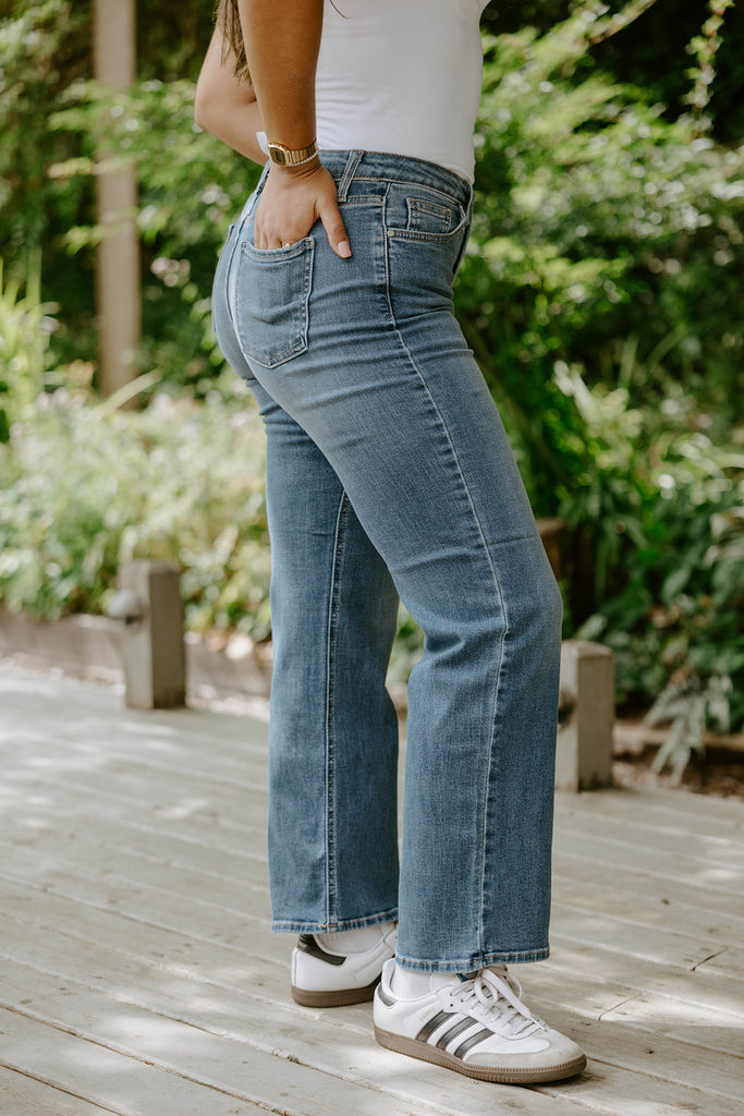 Mid Rise Slim Wide Leg Denim