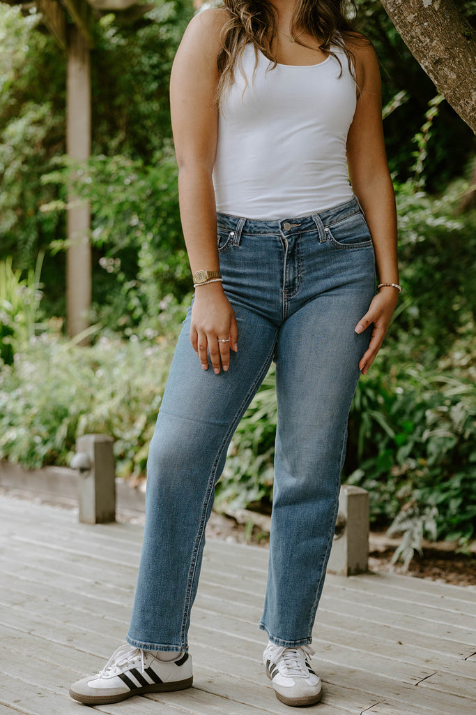 Mid Rise Slim Wide Leg Denim
