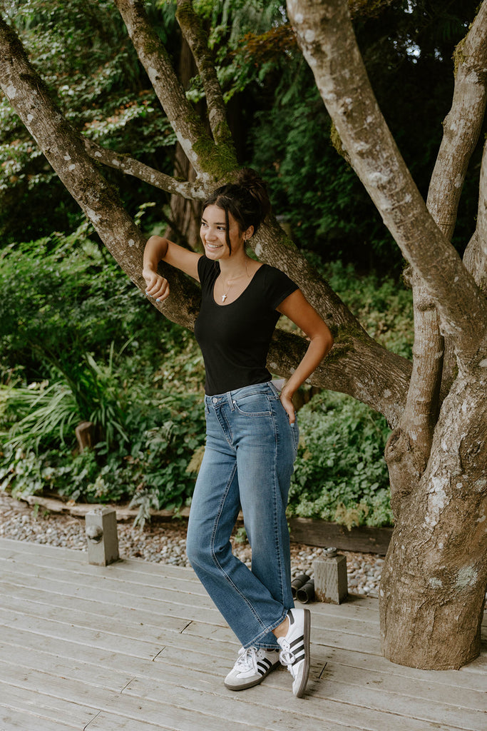 Mid Rise Slim Wide Leg Denim