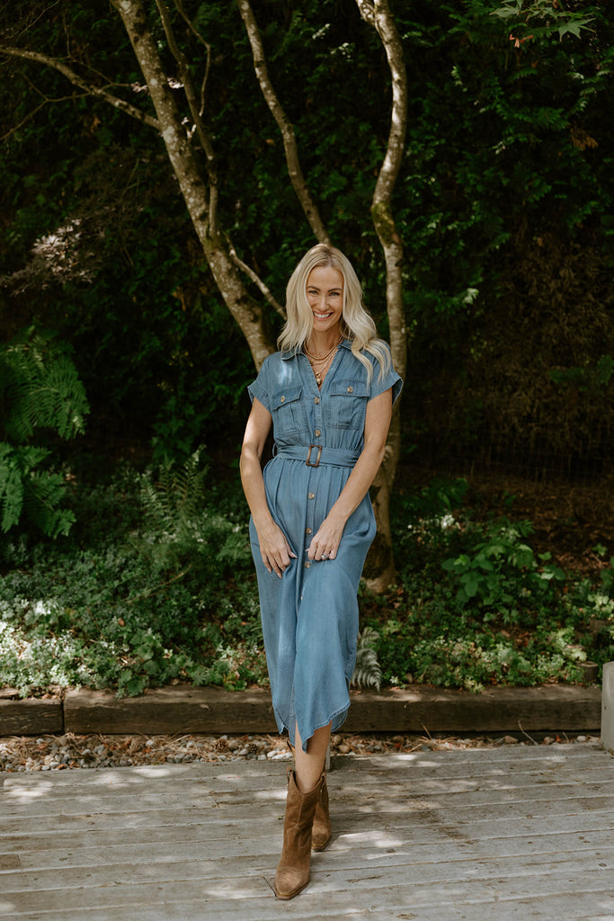 Collared Button Down Belted Midi Dress