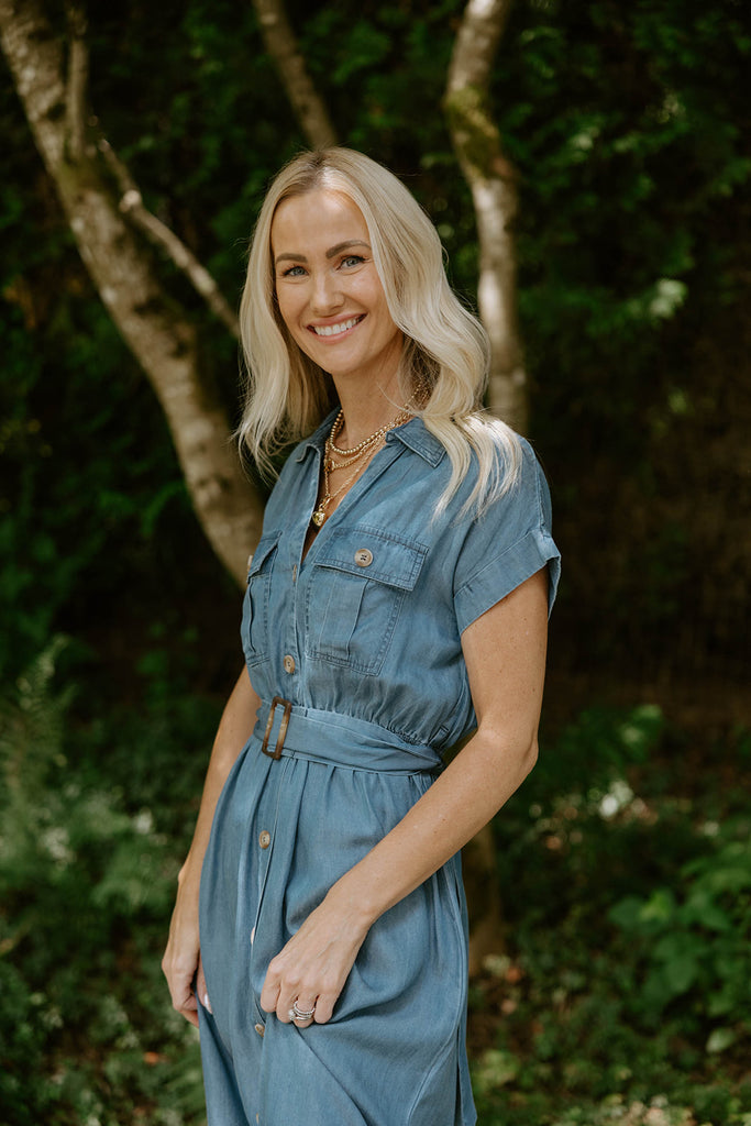 Collared Button Down Belted Midi Dress