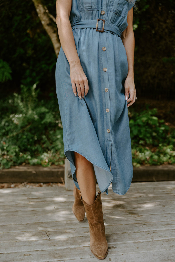 Collared Button Down Belted Midi Dress