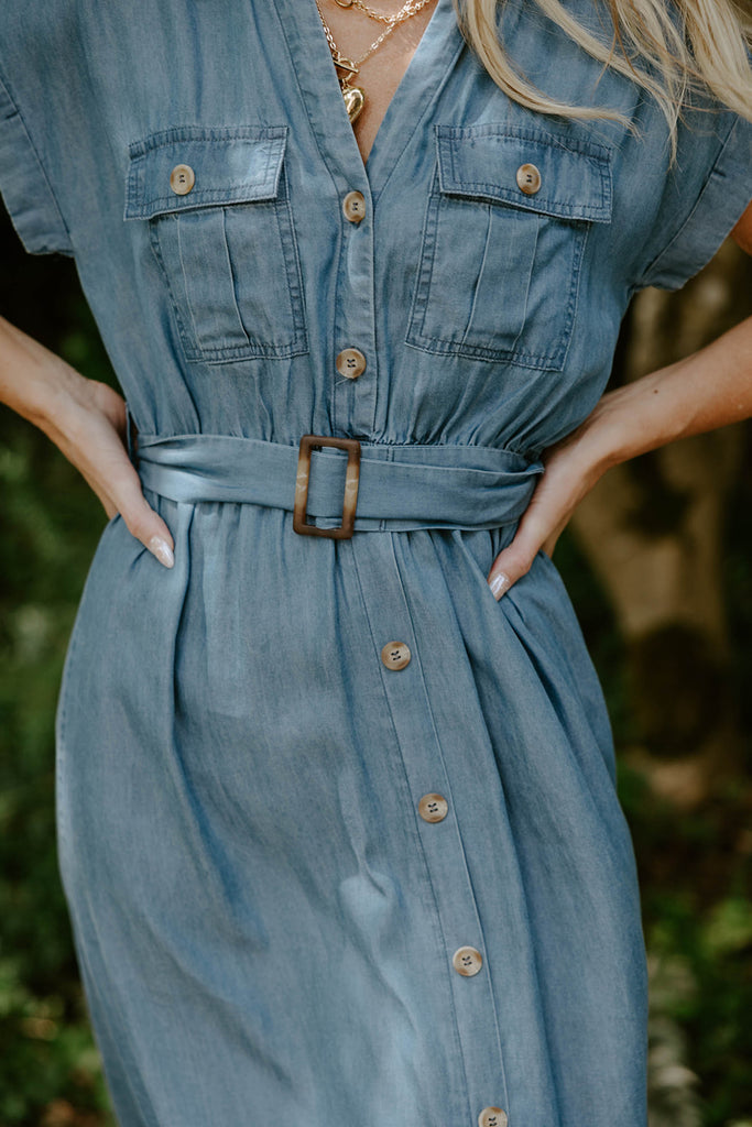 Collared Button Down Belted Midi Dress
