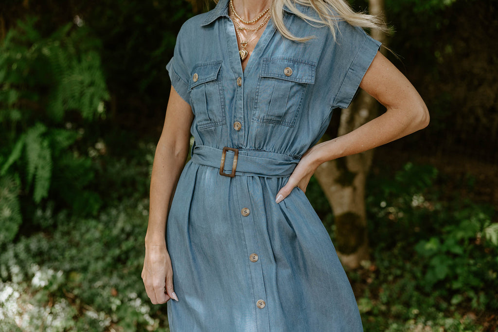 Collared Button Down Belted Midi Dress