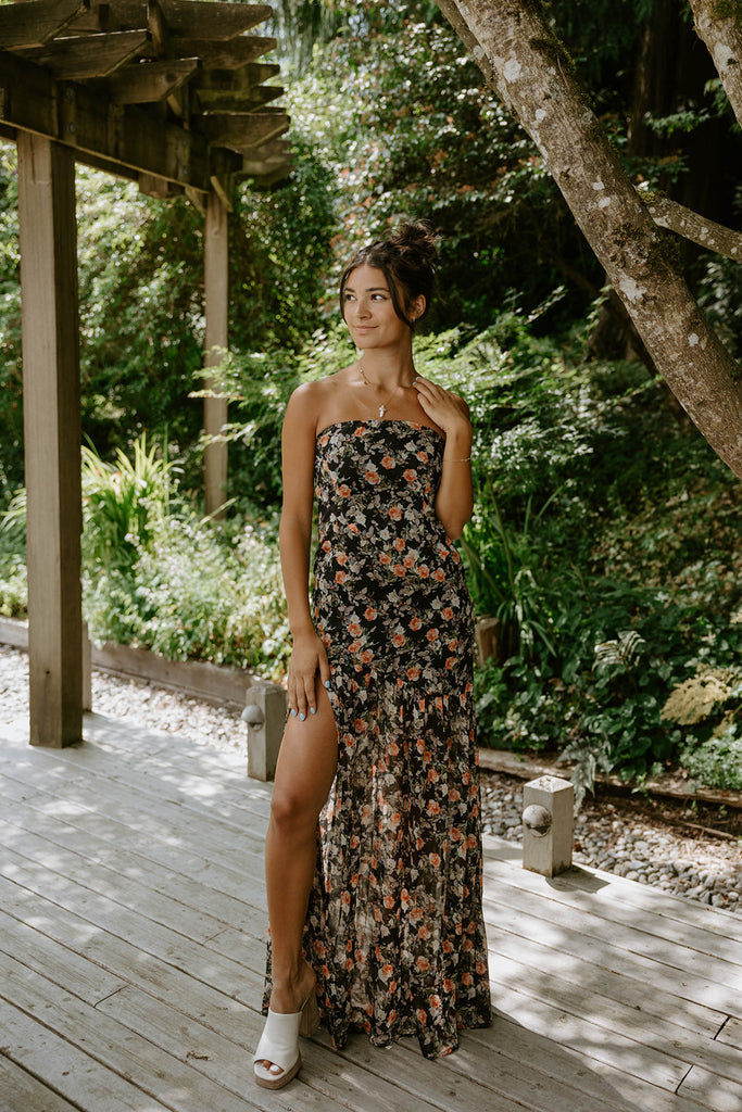 Floral/Black Strapless Maxi