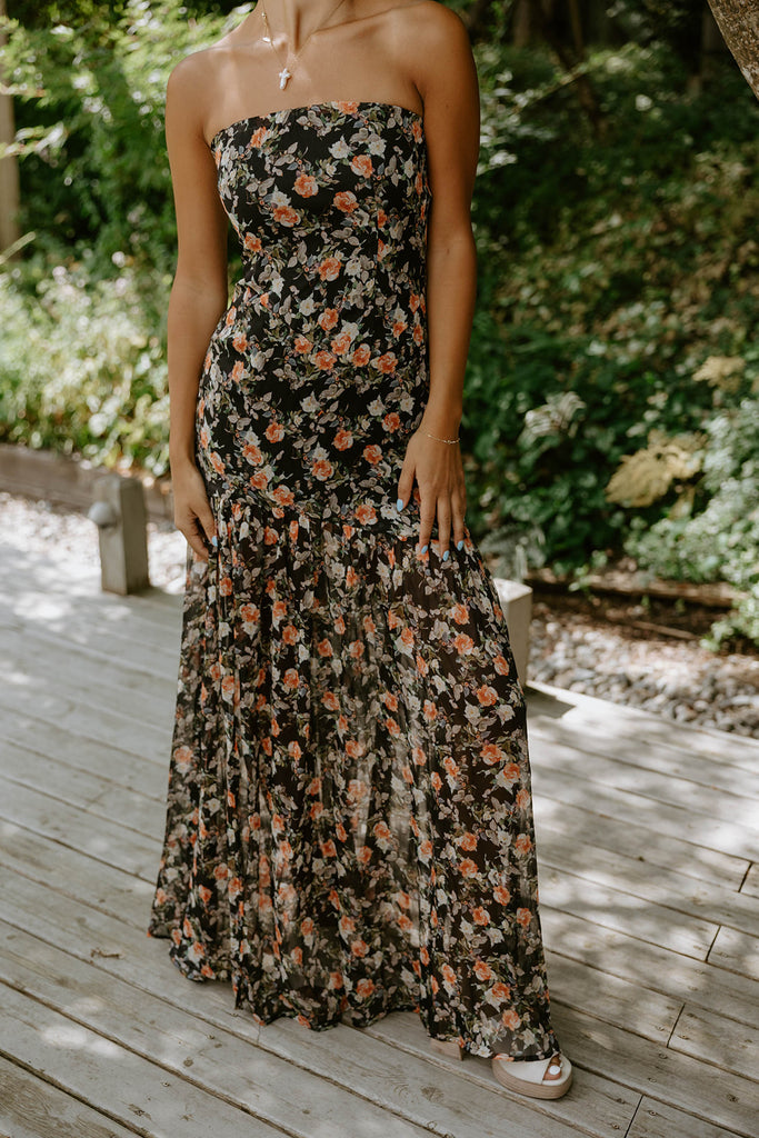 Floral/Black Strapless Maxi